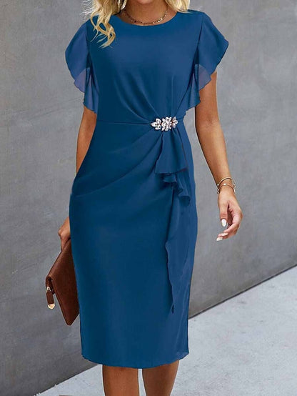 Women's Party Dress Cocktail Dress Midi Chiffon Dress Wine Blue Green Short Sleeve Solid Color Ruffle Crew Neck Evening Party  Vacation Wedding Guest Summer Spring Fall