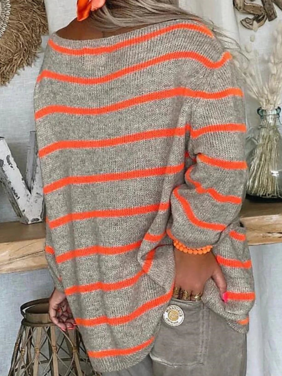 Women's Pullover Sweater Jumper Crew Neck Ribbed Knit Polyester Pocket Fall Winter Daily Going out Weekend Stylish Casual Soft Long Sleeve Striped Maillard Black Pink Orange S M L