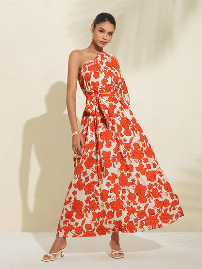 Floral Diagonal Neck Maxi Dress