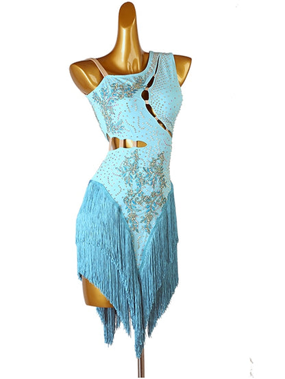 Latin Dance Dress Tassel Split Joint Crystals / Competition Dress Rhinestones Women's Performance Sleeveless Chinlon - LuckyFash™