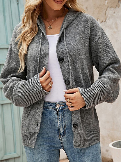 Women's Cardigan Sweater Hooded Ribbed Knit Alpaca Wool Button Fall Winter Regular Outdoor Daily Going out Stylish Casual Soft Long Sleeve Solid Color Black White Gray S M L