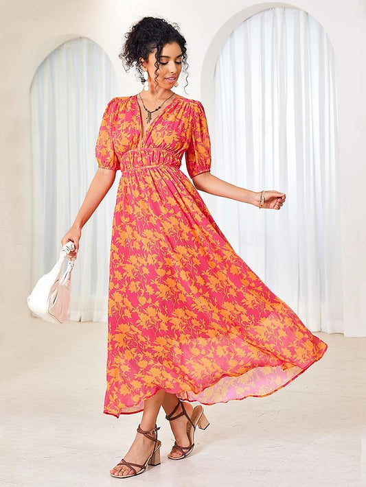 Women's Floral Maxi Dress Pink Chiffon Swing Dress Pleated V Neck Puff Sleeve Boho Vacation Beach Wedding Guest Summer