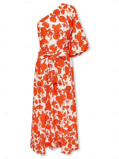 Floral Diagonal Neck Maxi Dress