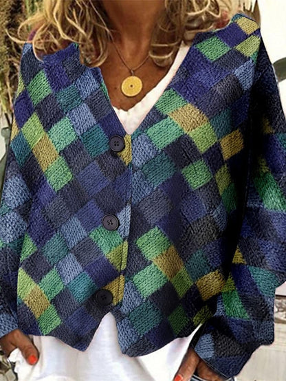 Women's Casual Jacket Street Daily Wear Vacation Fall Winter Regular Coat V Neck Loose Fit Windproof Breathable Stylish Sporty Chic & Modern Jacket Long Sleeve Stripes and Plaid Print Red Blue Green