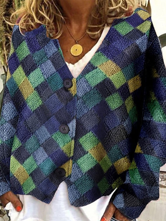 Women's Casual Jacket Street Daily Wear Vacation Fall Winter Regular Coat V Neck Loose Fit Windproof Breathable Stylish Sporty Chic & Modern Jacket Long Sleeve Stripes and Plaid Print Red Blue Green