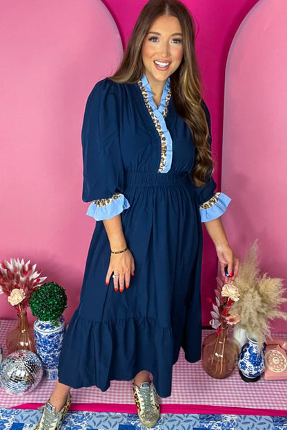 Navy Blue Contrast Frilled Trim V Neck 3/4 Ruffled Sleeve Flowy Midi Dress