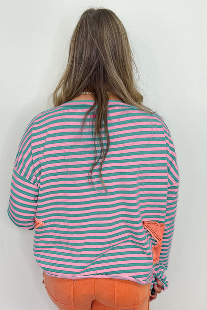 Green Stripe Starry Patch Drop Shoulder Raw Edge Casual Knit Top