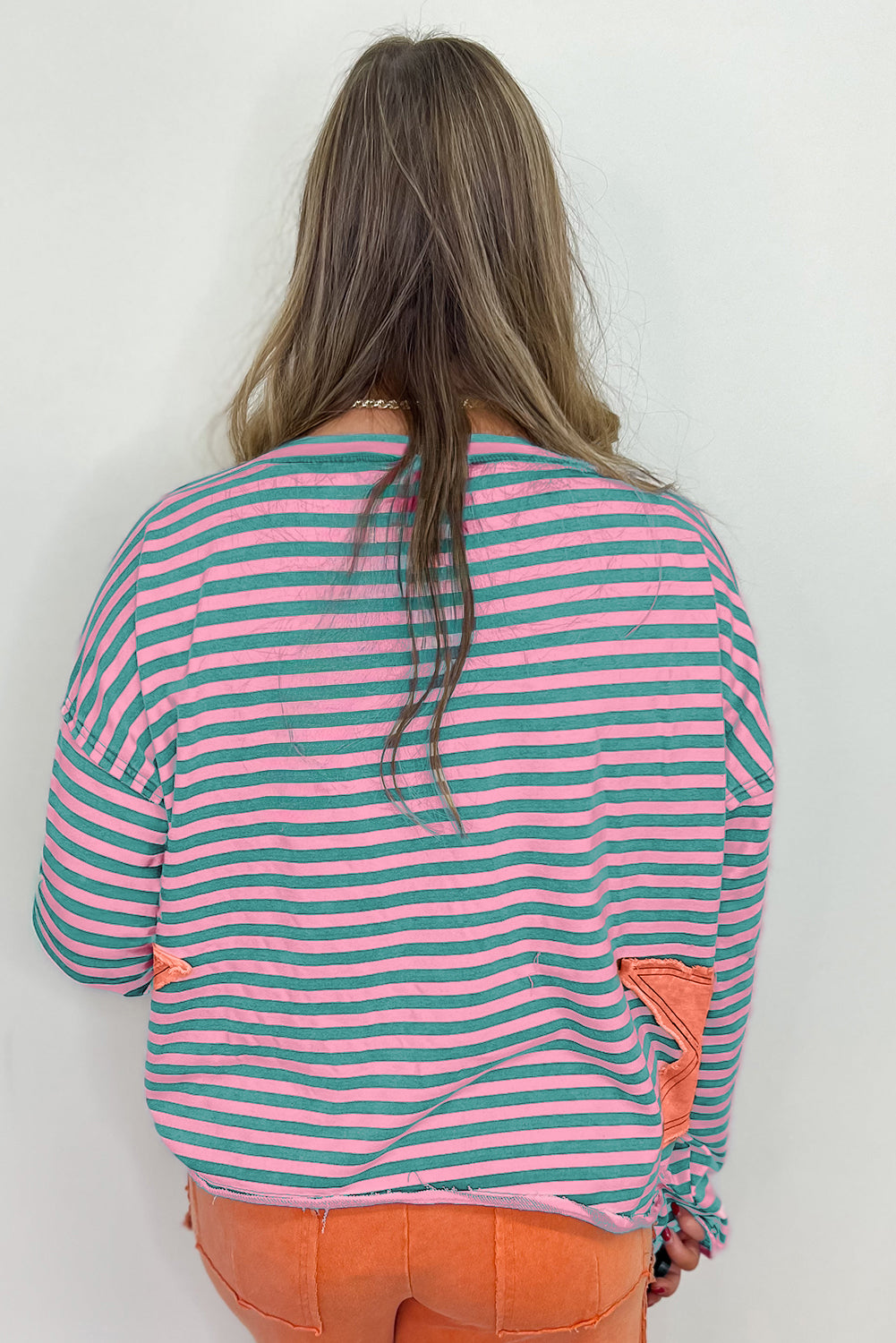 Green Stripe Starry Patch Drop Shoulder Raw Edge Casual Knit Top