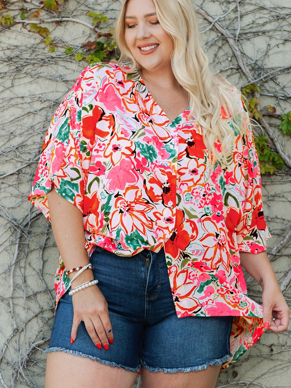 Floral Print Rose Kimono Sleeve Plus Size Blouse