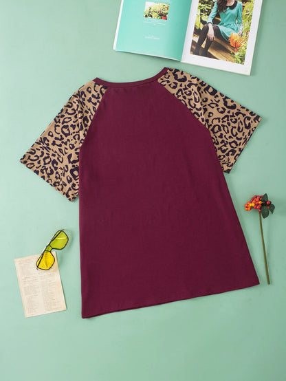 Leopard Print Raglan Sleeve Burgundy Plus Size Tee