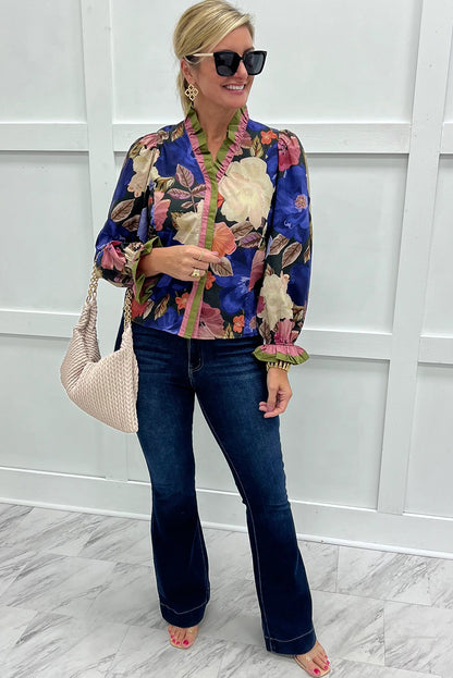 Blue Fall Leaf Floral Print Frilly Striped Trim V Neck Puff Sleeve Blouse