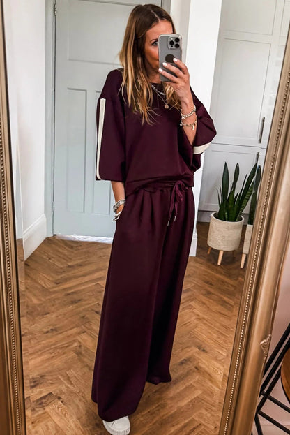 Burgundy Varsity Striped 3/4 Sleeve Pullover Drawstring Sweatpants Set