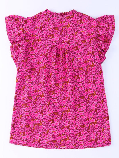 Rose Floral Print Ruffle Sleeve Plus Size Shift Top