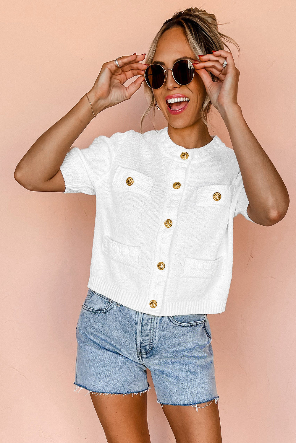 Elegant White Textured Knit Sweater with Gold Buttons
