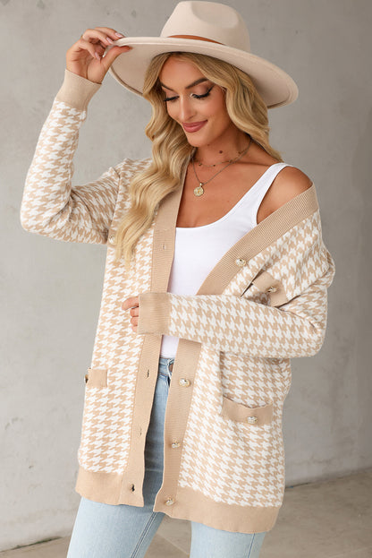 Khaki Contrast Edge Metal Button Slim Cardigan with Pockets