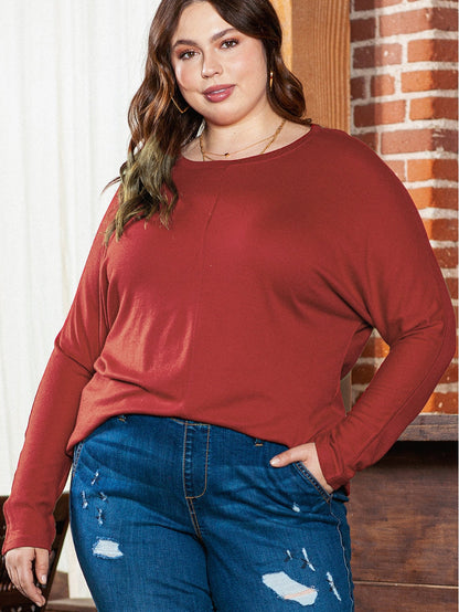 Red Dahlia Piping Detail Plus Size Long Sleeve Top