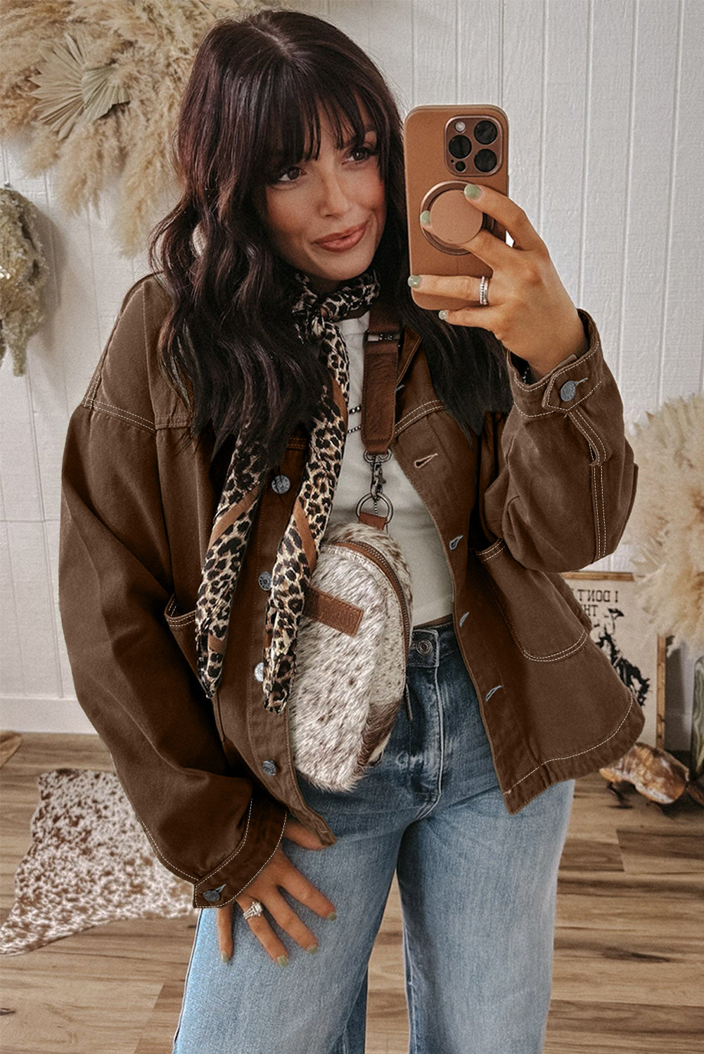 Coffee Patched Pocket Collared Button Front Boyfriend Denim Jacket