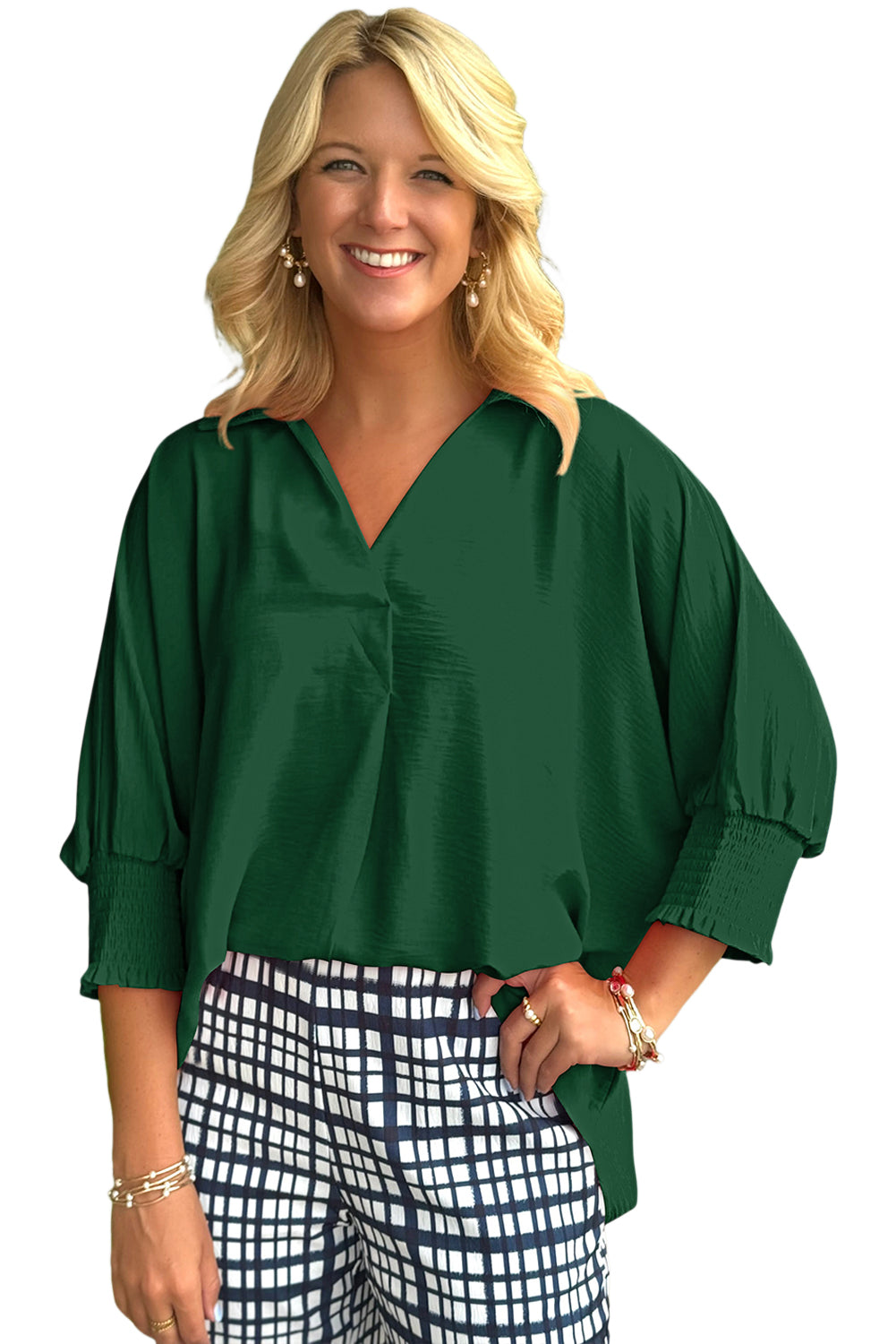 Blackish Green V Neck Collared Shirred 3/4 Sleeve Oversized Tunic Top