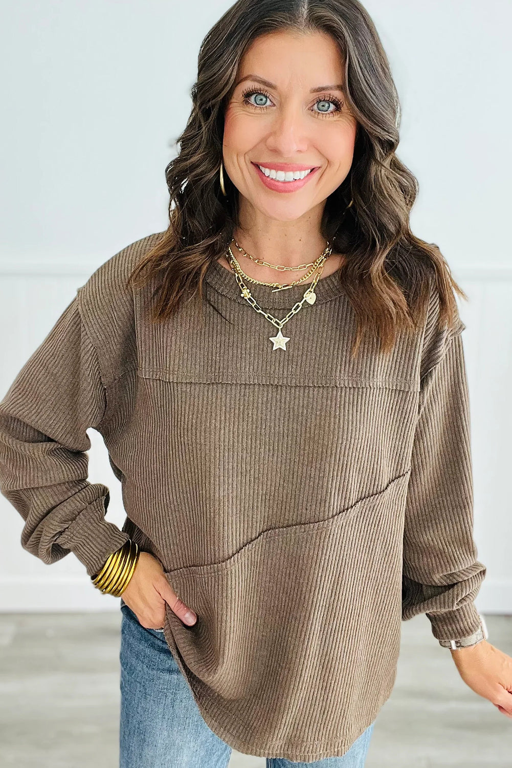 Dark Khaki Solid Color Ribbed Knit Exposed Seam Patchwork Long Sleeve Top