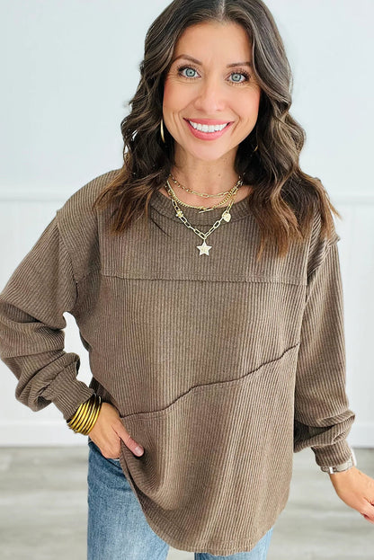 Dark Khaki Solid Color Ribbed Knit Exposed Seam Patchwork Long Sleeve Top