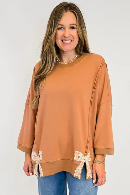 Grapefruit Orange Floral Bow Patched Slit Exposed Seam Patchwork Baggy Sweatshirt