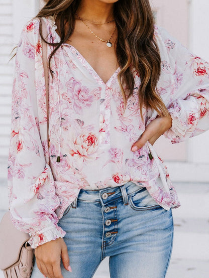 Floral Blossom V-Neck Ruffle Sleeve Blouse