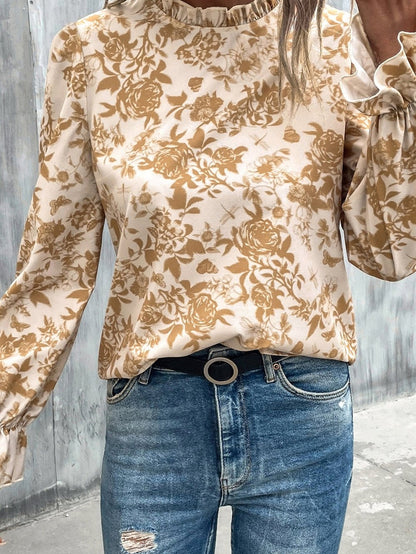 Elegant White Floral Print Ruffle Trim Shift Blouse