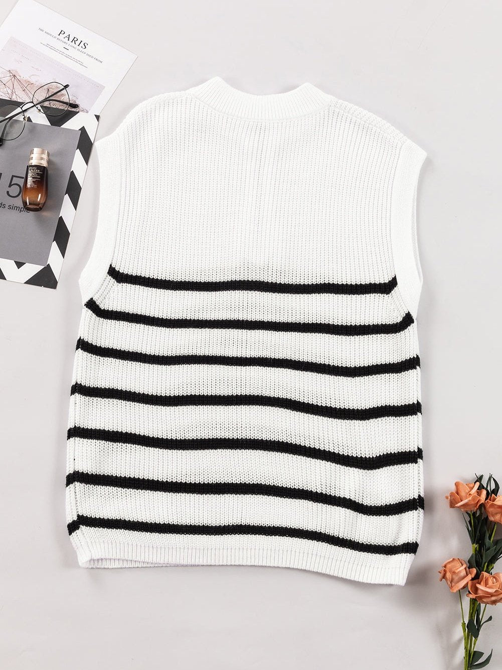 Elegant White Striped Half Zip Stand Neck Sweater Tee