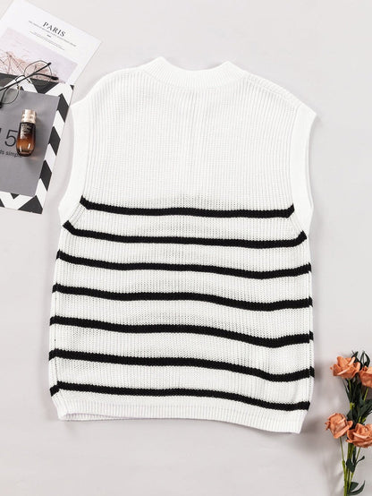 Elegant White Striped Half Zip Stand Neck Sweater Tee