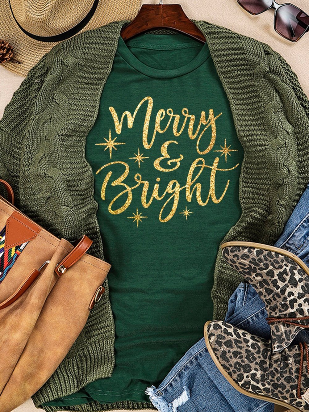 Festive Green Starry Letter Print Tee