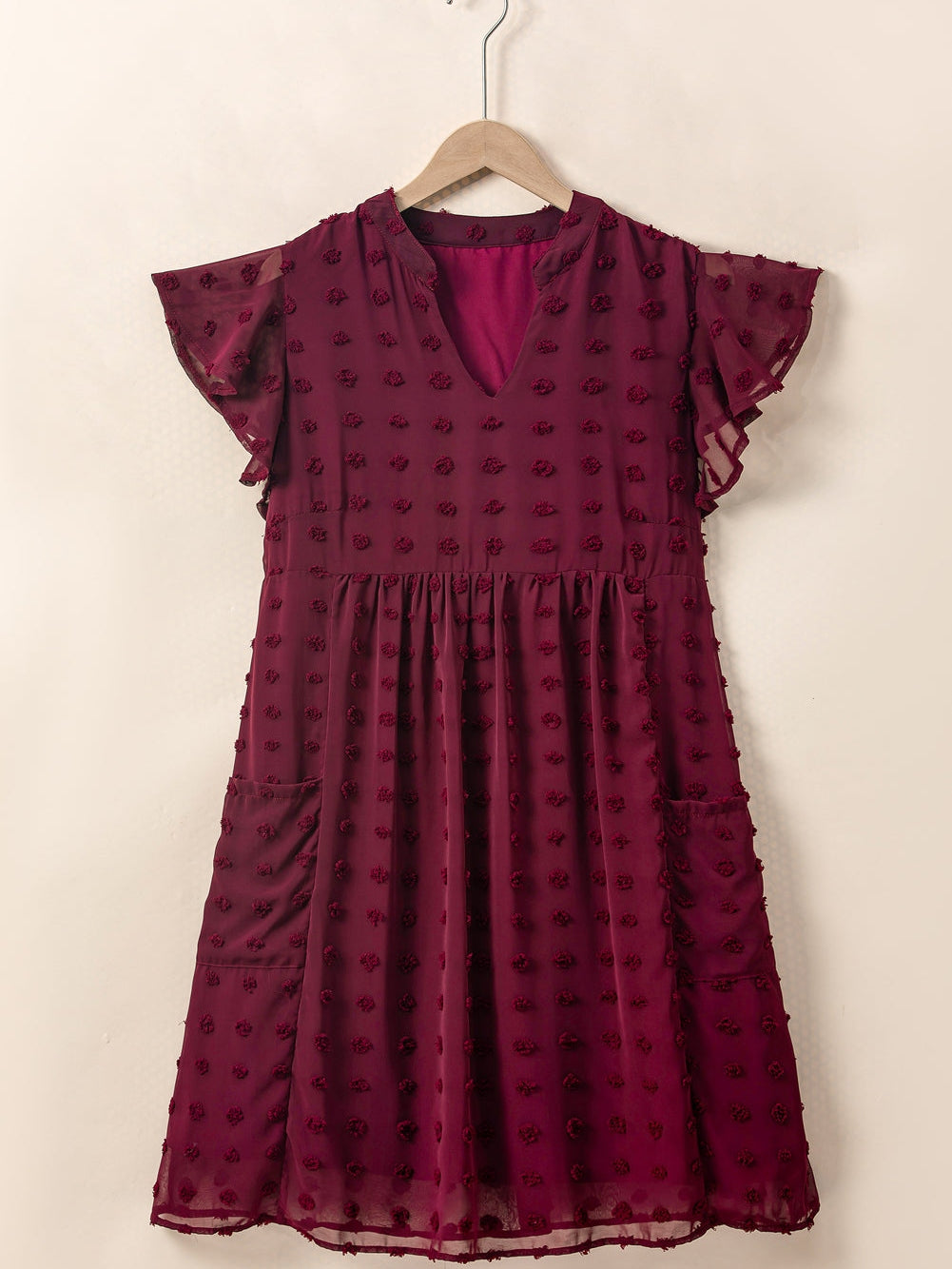 Swiss Dot Burgundy Plus Size V-Neck Mini Dress with Ruffled Sleeves