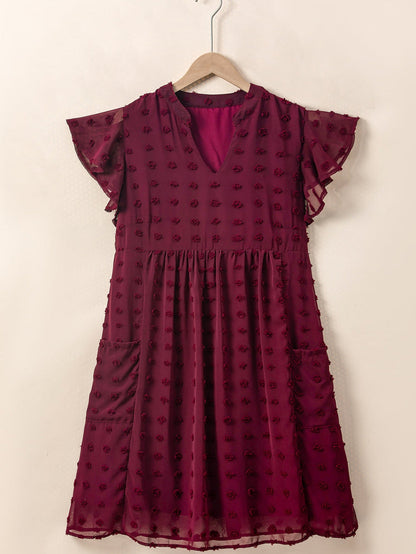 Swiss Dot Burgundy Plus Size V-Neck Mini Dress with Ruffled Sleeves