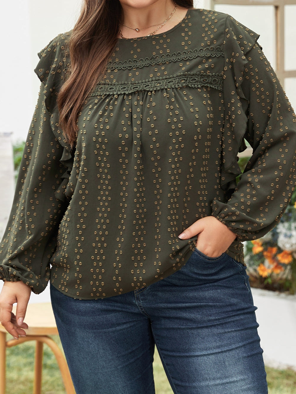 Elegant Mist Green Swiss Dot Lace Ruffle Sleeve Blouse