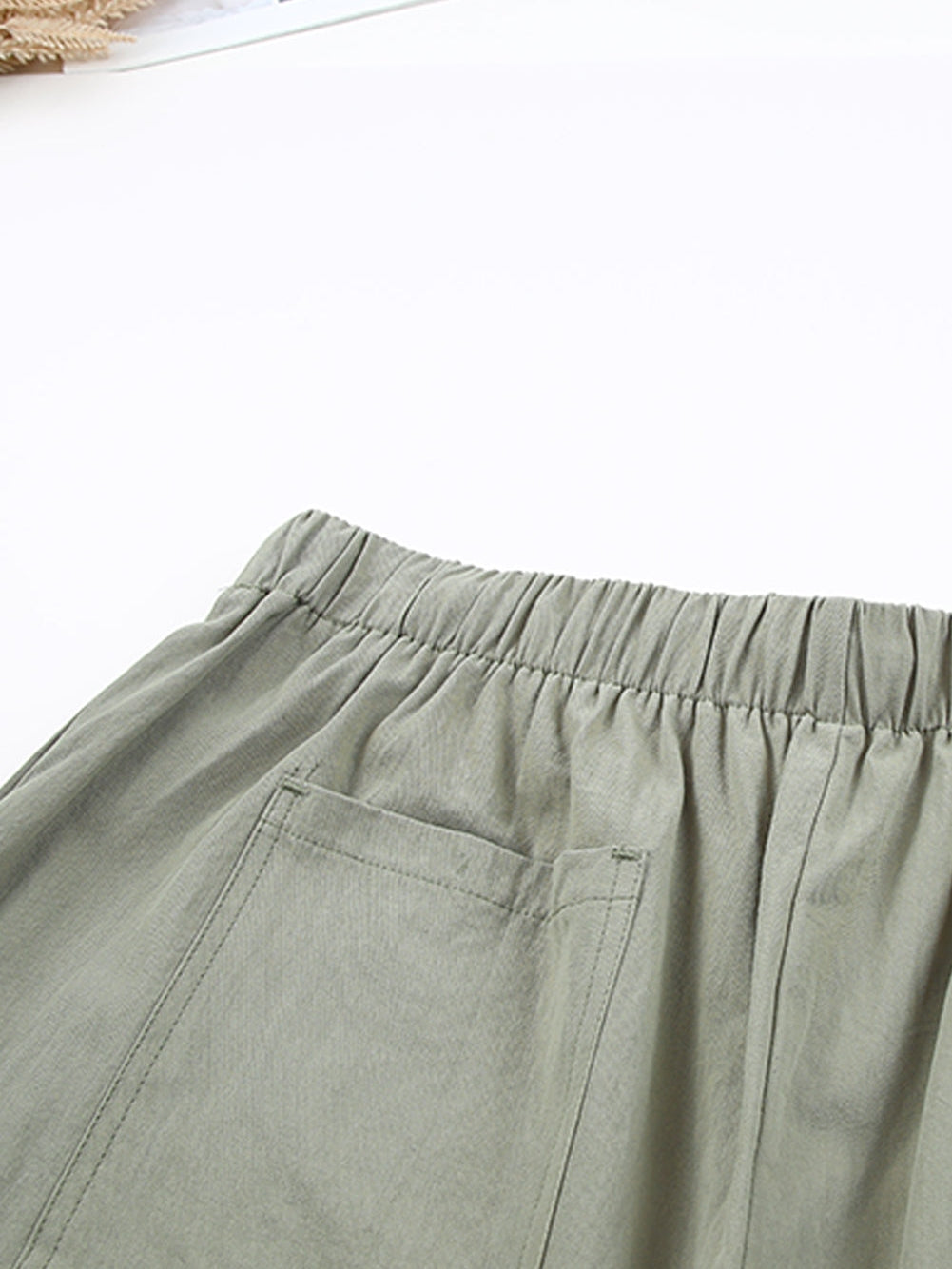 Green Cotton High Waist Loose Fit Shorts with Drawstring Waistband
