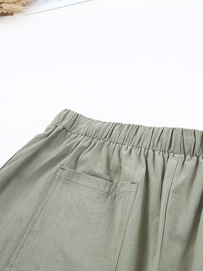 Green Cotton High Waist Loose Fit Shorts with Drawstring Waistband