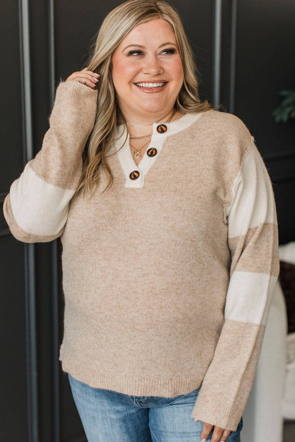 Parchment Color Block Sleeve Button Notched Neck Plus Size Sweater