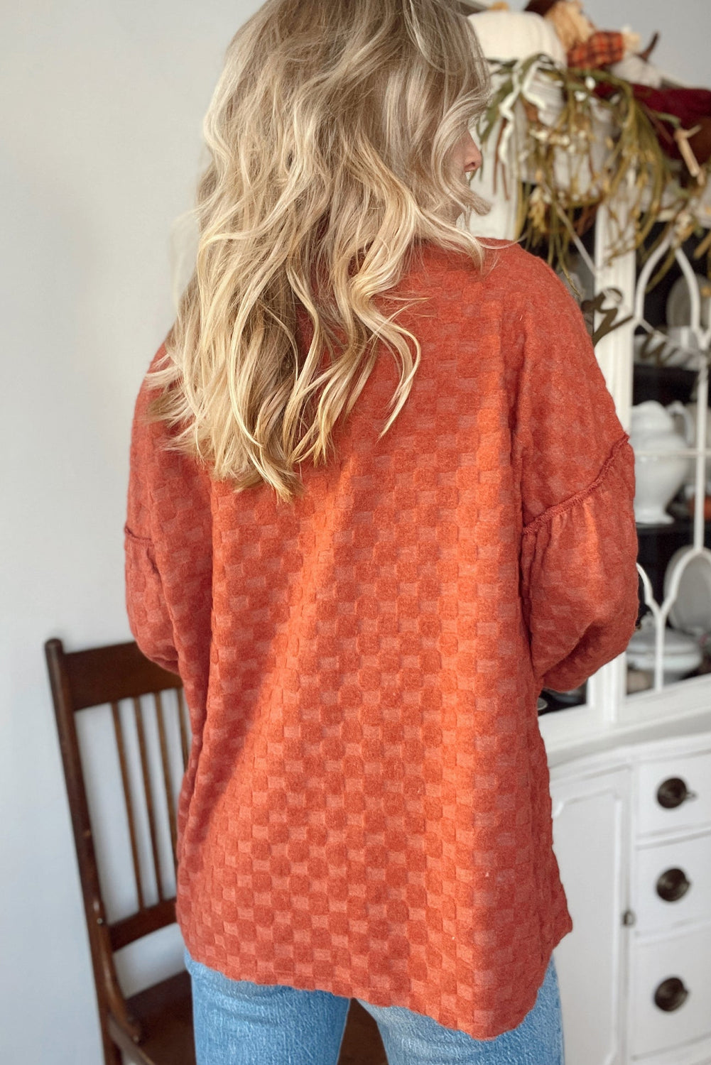 Gold Flame Exposed Seam Detail Cozy Plaid Texture Loose Shacket