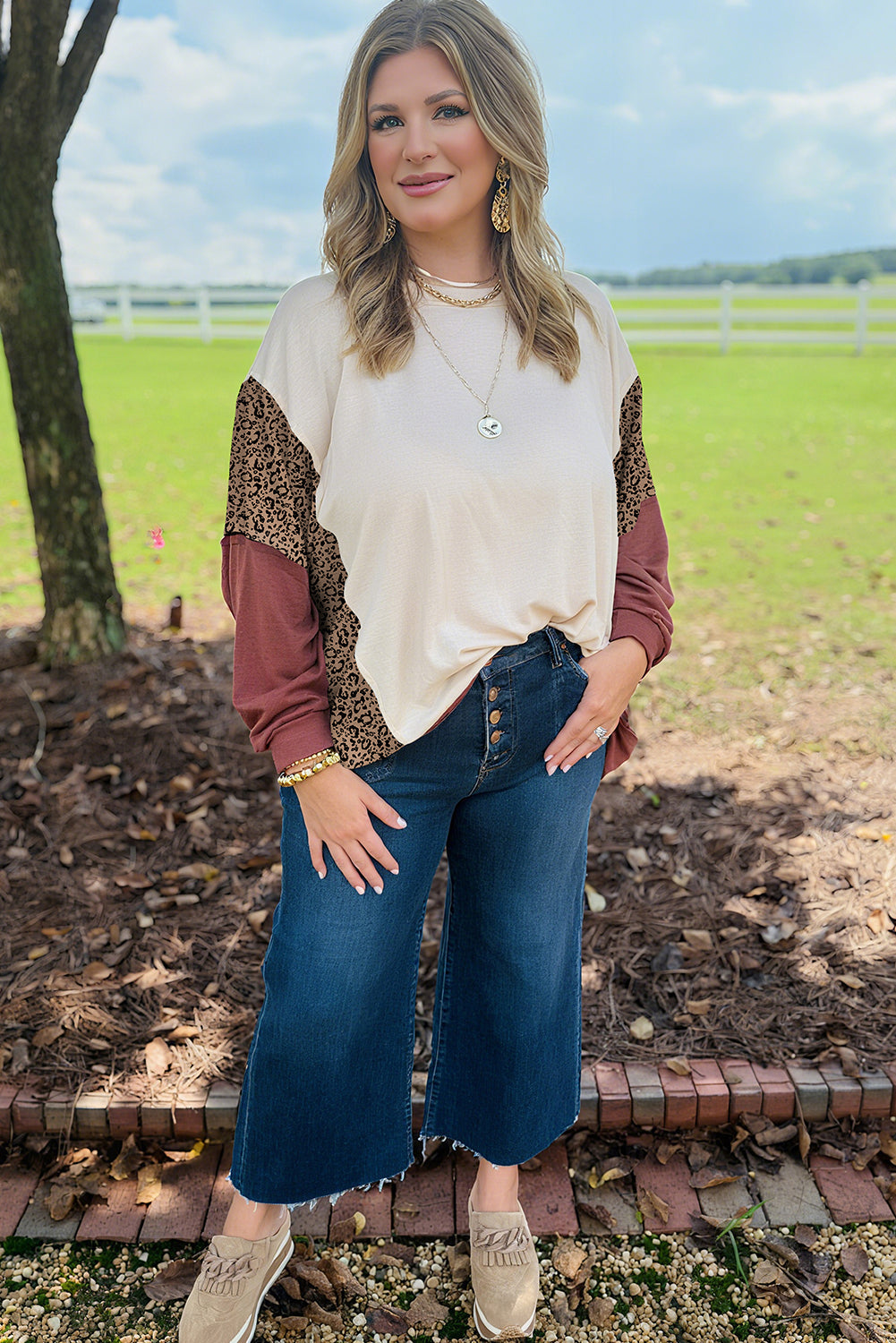 Red Sandalwood Color Block Leopard Patchwork Long Sleeve Loose Top