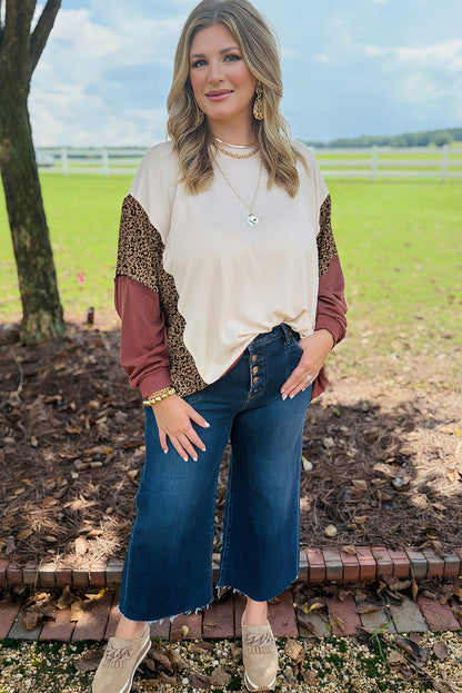 Red Sandalwood Color Block Leopard Patchwork Long Sleeve Loose Top