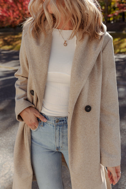 Oatmeal Lapel Collar Double Breasted Belted Overcoat