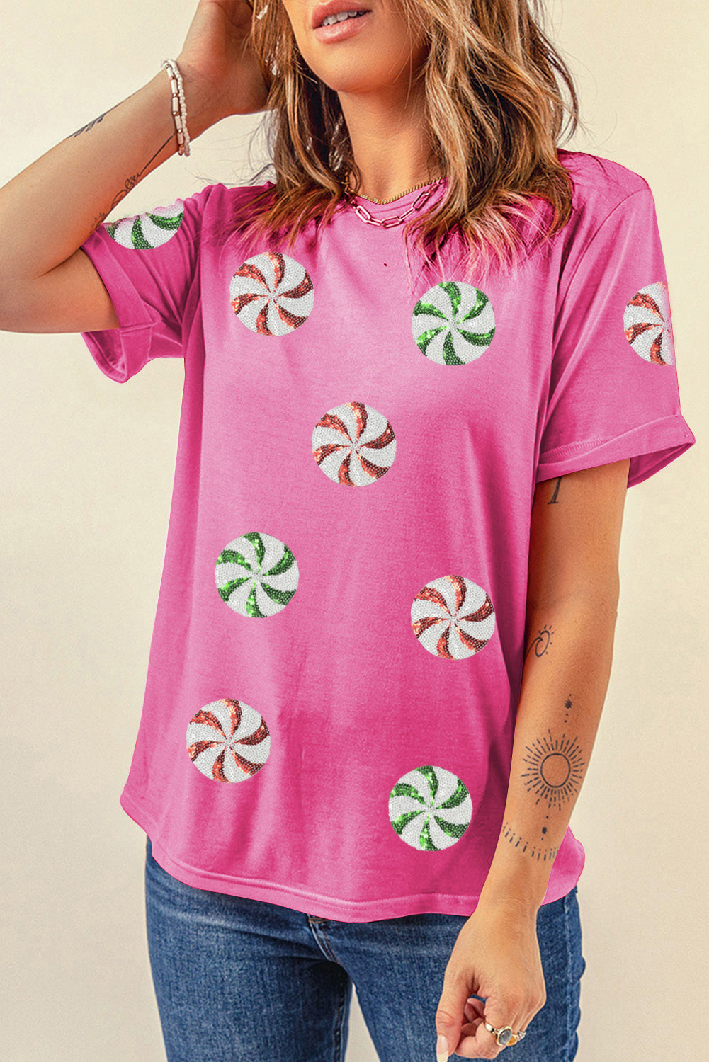 Sachet Pink Sequined Peppermint Pattern Christmas Custom T Shirt