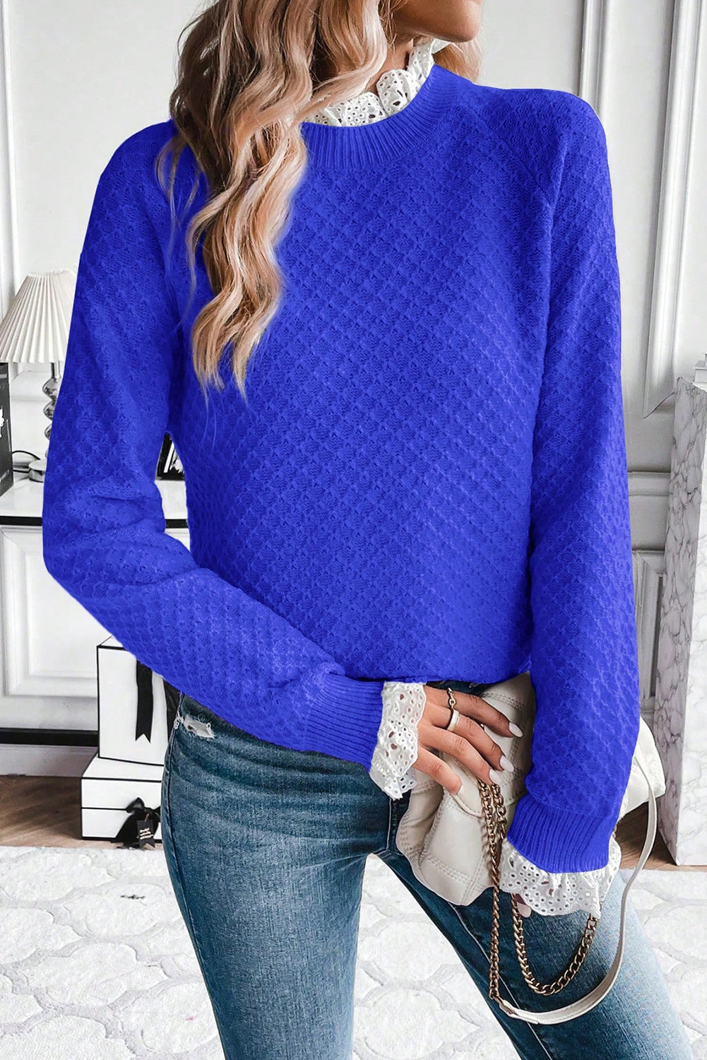 Dark Blue  Contrast Lace Frilled Trim Raglan Sleeve Sweater