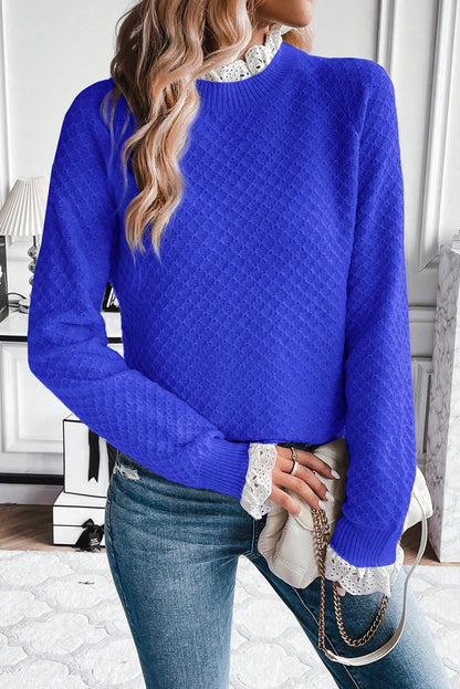 Dark Blue  Contrast Lace Frilled Trim Raglan Sleeve Sweater