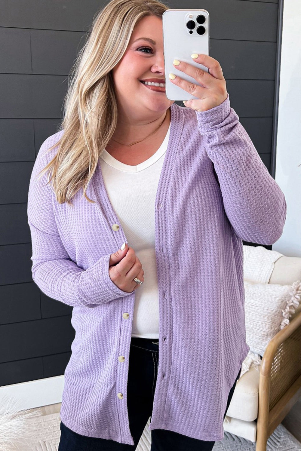 Orchid Petal Plus Size Waffle Knit Button Front Cardigan