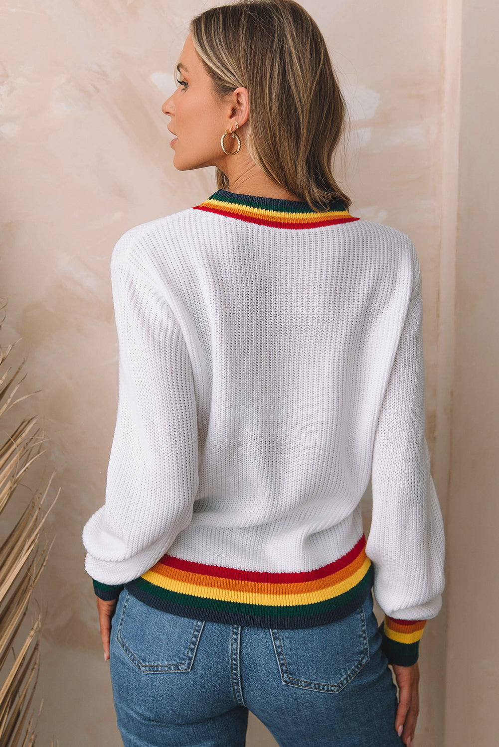 Festive White Stripes Trim Sweater with Merry & Bright Detail