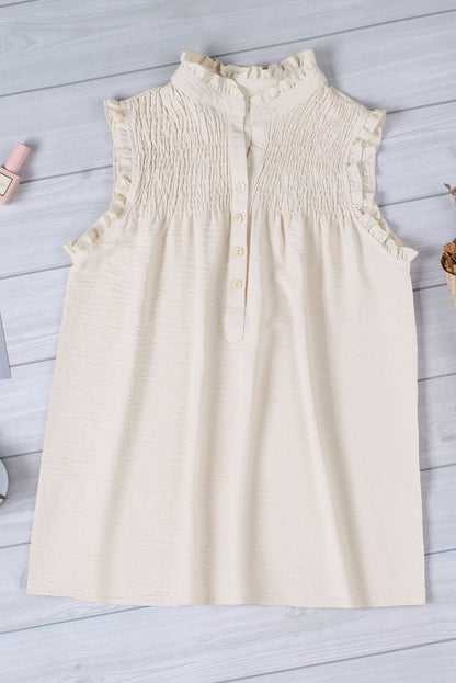 Apricot Frilled Sleeveless Top with Button Front Detail