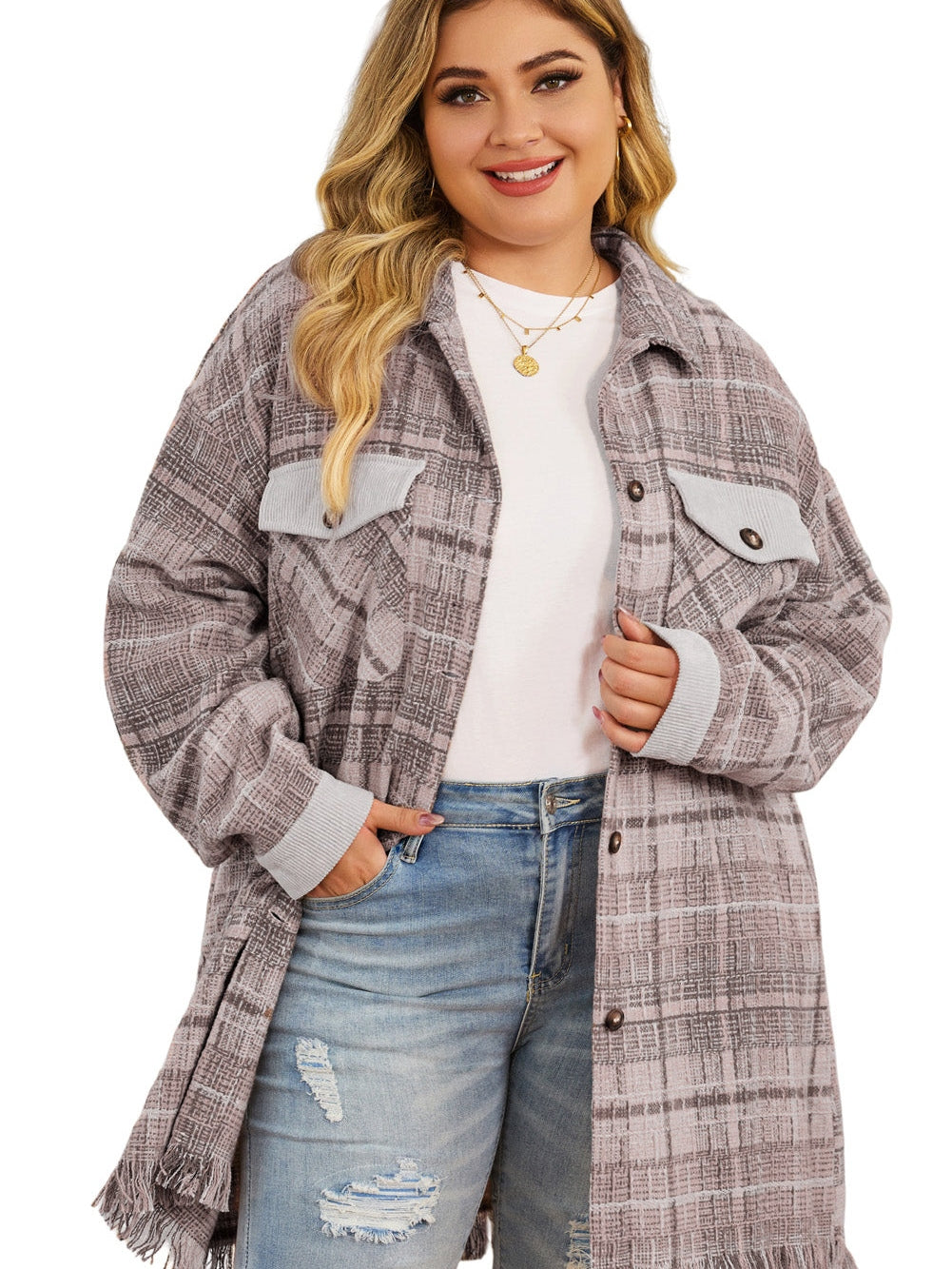Pink Plus Size Macrame Plaid Coat