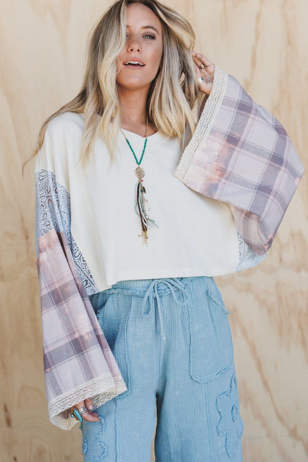 White Peace Sign Plaid Lace Patchwork Loose Long Sleeve Cropped Top