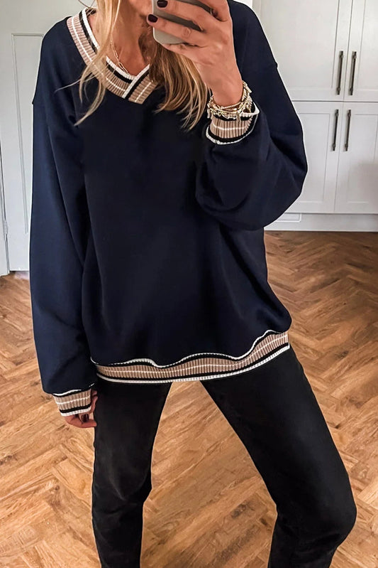 Navy Blue Varsity Contrast Striped Trim V Neck Sweatshirt