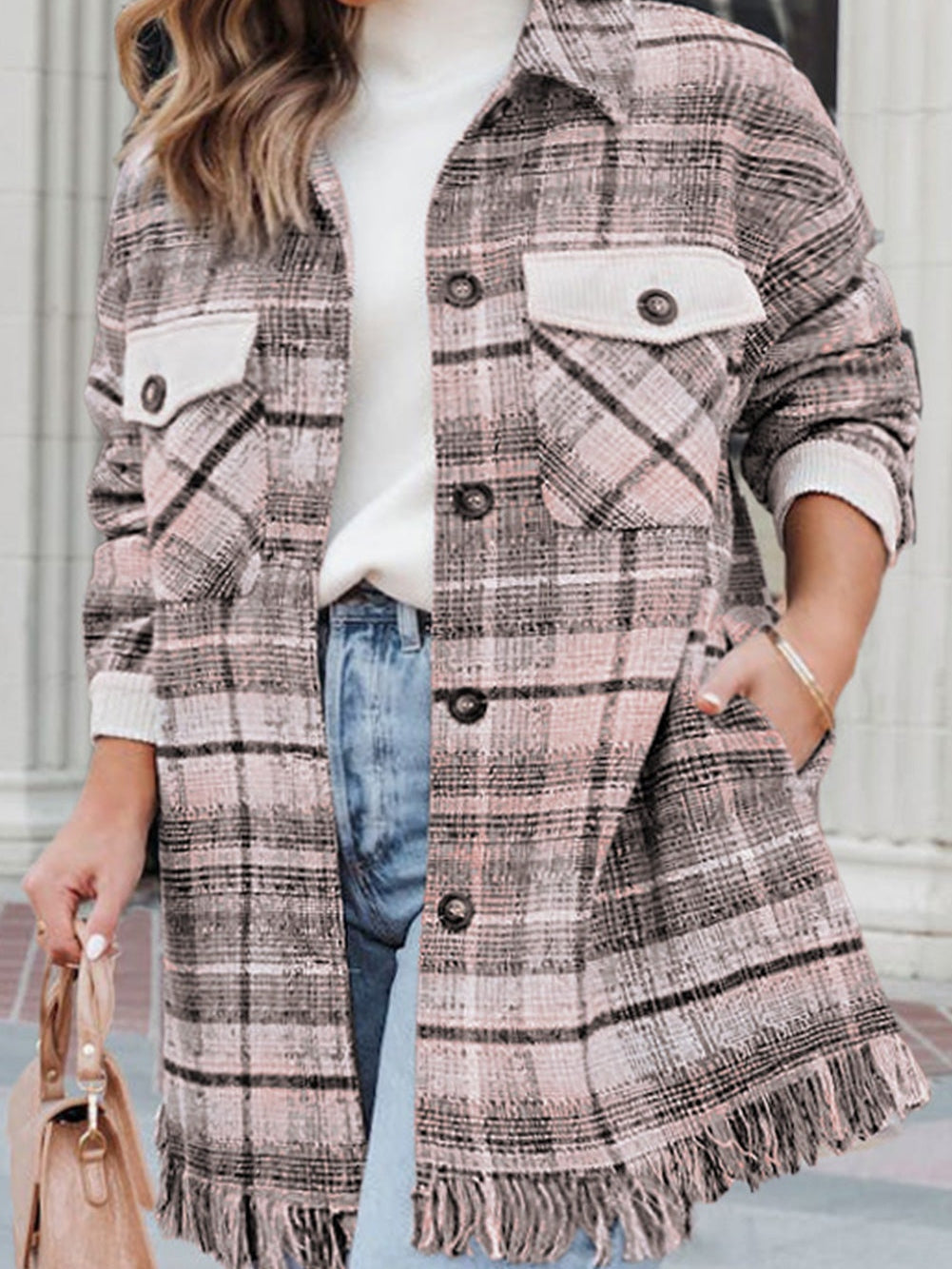 Pink Plus Size Macrame Plaid Coat